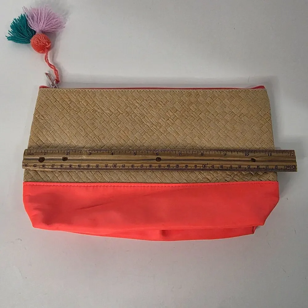 Sephora Woven Straw Coral Cosmetic Makeup Bag Tassel Zipper Pouch 11x7